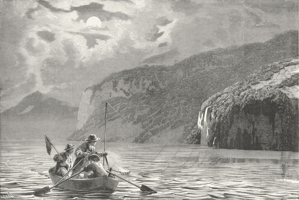 SWITZERLAND. Fishing, Torchlight, Swiss Lakes 1891 old antique print picture